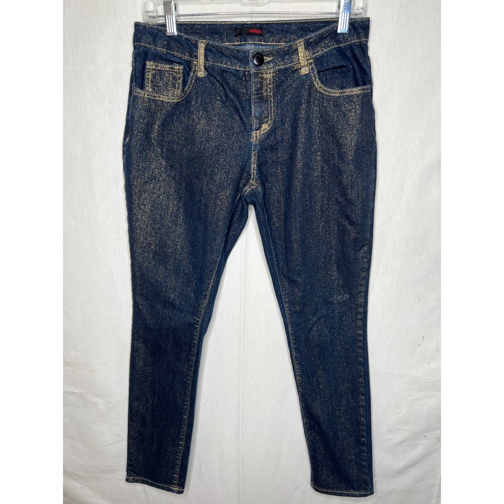 Bongo Womens Gold Metallic Glitter Skinny Jean Dark Wash Denim Stretch Size 9/10